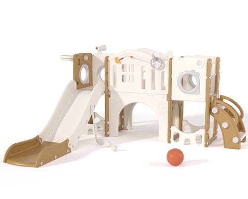 67i 10-in-1 Toddler Playground Set with Slide & Climber, Indoor Outdoor Play Gym for Toddlers 1-3, Quick Compact Setup Kids Playset with Basketball Golf Ring Toss Telescope Dino Area (White Coffee)