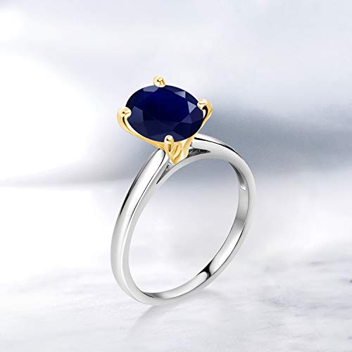 Gem Stone King 925 Silver and 10K Yellow Gold Blue Sapphire Solitaire Engagement Ring For Women | 2.50 Cttw | Oval 9X7MM | Gemstone September Birthstone | Available in Size 5,6,7,8,94