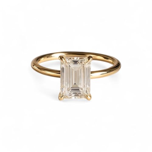 2Ct Emerald Cut Moissanite Engagement Ring 18K Yellow Gold Solitaire Travel Ring with Hidden Halo Prong Setting Promise Jewelry Gift for Women