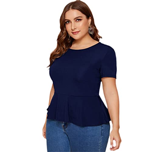 Plus Size Elegant Peplum Top Women Short Sleeve Ruffle Blouse