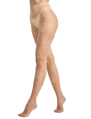 LABELLA Perfect Floral Patterned Sheer Pantyhose,Sexy Lace Tights For Women(Nude Color,Medium)