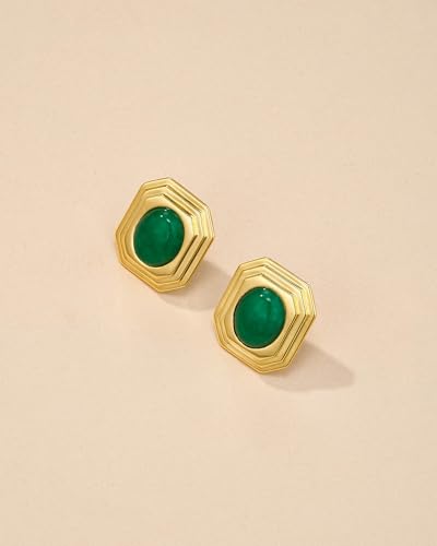 Dainty Square Rectangular Textured Chamfered Green Gold Jade Natural Gemstone Statement Earrings for Women by SNGIA, Small Vintage Button Bold Handmade Natural Retro Trendy Bohemian Jewelry Gifts, Unique Baroque Stone Summer Beach Fashion Stud Earrings Accessories, Nickle Free Huggies Earrings.3