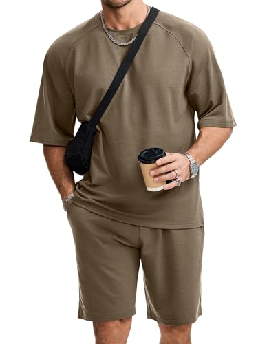 JMIERR Mens 2 Piece Outfits Oversized Casual Summer Shorts Set Raglan Sleeve T-shirts & Workout Short Suits for Men 2026, Dusty Olive M