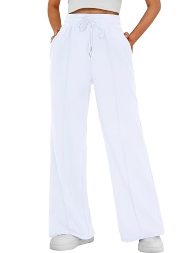 FSVABY Womens Baggy Wide Leg Athletic Track Sweatpants High Waisted Drawstring Workout Joggers with Pockets (White, Medium)