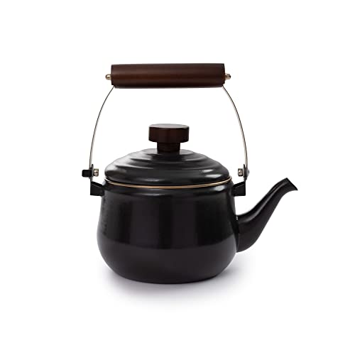 Barebones Enamel Teapot - Vintage Inspired Design - Baked Stainless Steel Rim - FSC Certified Natural Walnut Tea Kettle - 1.5 Liters, 6 Cups (Charcoal)