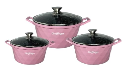 Diamant Kochgeschirr 6 teilig Topf Induktion Alu Guss Kochtopfset Marmor Pink