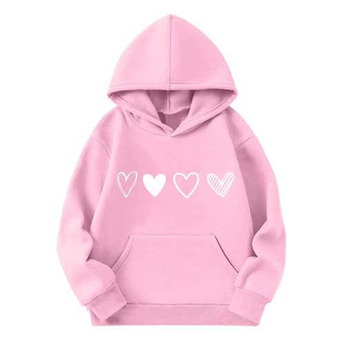 Image of Teen Girls Heart Print Hoodies Oversized Cute Cotton Fit Hoodie Sweatshirts with Pockets Childrens Kids Long Sleeve Soft Trendy Pullover Tops Clothes (Pink, 12-13 Years)