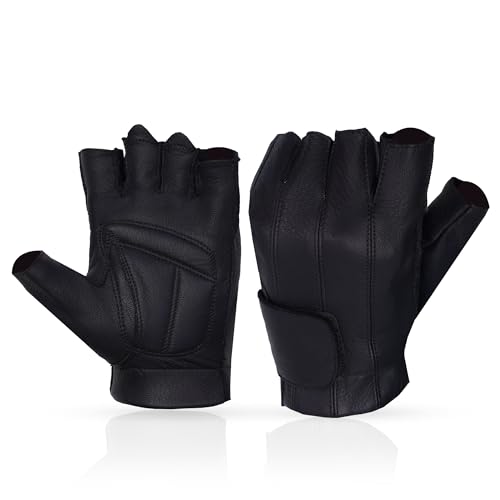Daniel Smart Premium Leather Motorcycle Gloves for Men Fingerless Biker