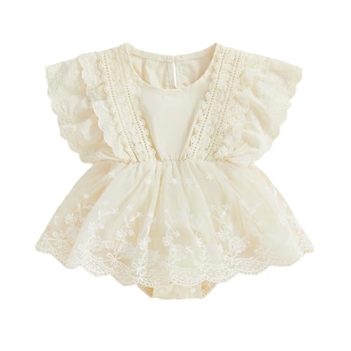 Karwuiio Newborn Baby Girl Lace Romper Dress Fly Sleeve Flower Tulle Dress Ruffle Bodysuit Newborn Photography Outfits (Khaki, 3-6 Months)