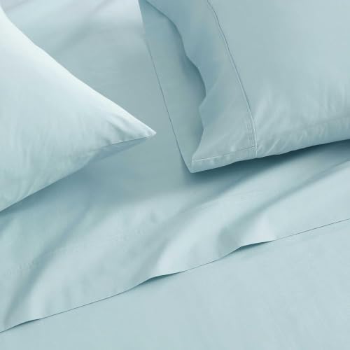 Image of Martha Stewart - Full Size Sheets Set, Crisp & Tailored Cooling Sheets w /a Naturally Smooth Cotton Percale Lightweight Feel - Bed Sheets with Matching Pillowcases & Fitted Sheet (Skylands Solid Blue)