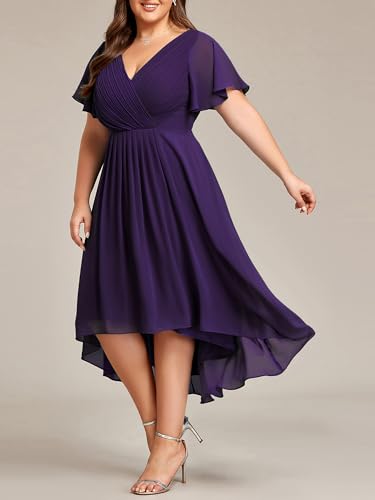 Image of Ever-Pretty Plus Summer Short Sleeves V-Neck Formal Wedding Guest Dresses for Curvy Women Chiffon Midi Cocktail Party Dress