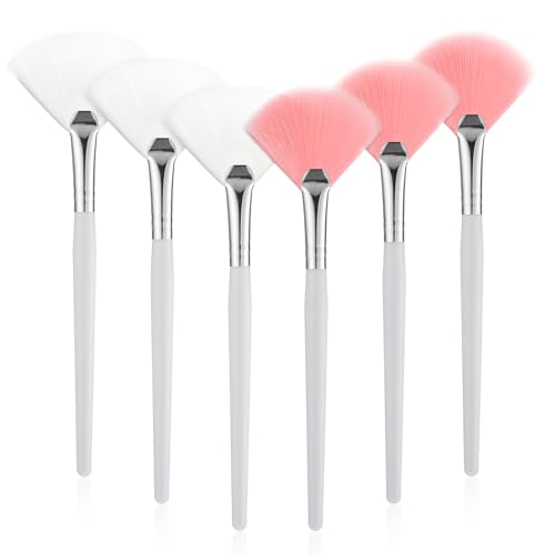 BOHUIZ 6 Pcs Fan Brushes for Facial, Face Mask Applicator Soft Makeup Mask Acid Applicator Brush, Flat Head Mask Applicator Esthetician Brush for Women Girls Mud Clay Mask Makeup Peel(Pink and White)