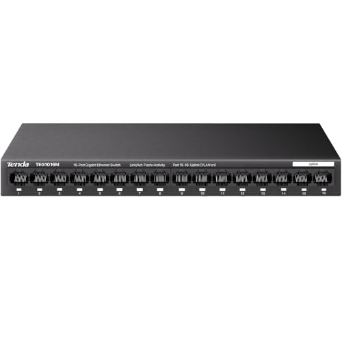 Tenda TEG1016M Switch 16 Port Gigabit Netzwerk Switch Wandmontage LAN Switch (Unmanaged VLAN Lüfterlos Plug and Play Metallgehäuse Schwarz)