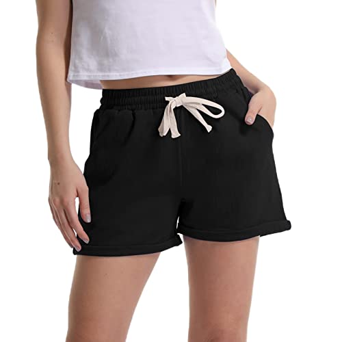 Damen Sommer Shorts Cargo Shorts Bermuda Wander Shorts Kordelzug Elastische Outdoor Lounge Laufshorts Solide Baumwolle Leinen Strand Shorts mit Taschen Schwarz Tag 5XL-DE 40 Cover