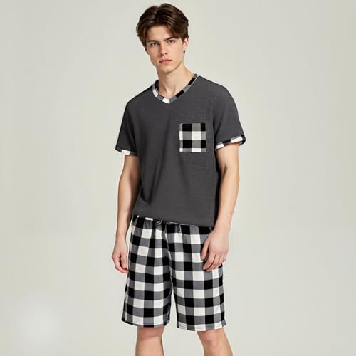 LANBAOSI Mens Short Pajamas Set Summer Top & Plaid Shorts Sleep PJ Set Soft Sleepwear with Pockets2