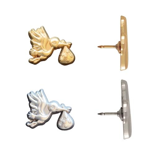 Image of Stork Carrying Baby Map Pins - Silver Stork Pins for Cork Boards, Maps, or Lapel Use - Designed in USA - Set of 4