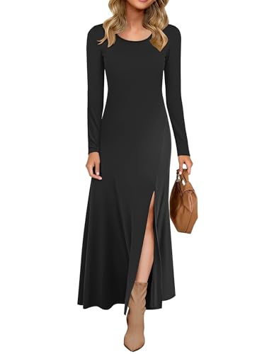 AUSELILY Damen Langarm Maxikleid - Kleid Langarm Lang Herbstkleid Winterkleid Schlitz Elegant Schwarz M