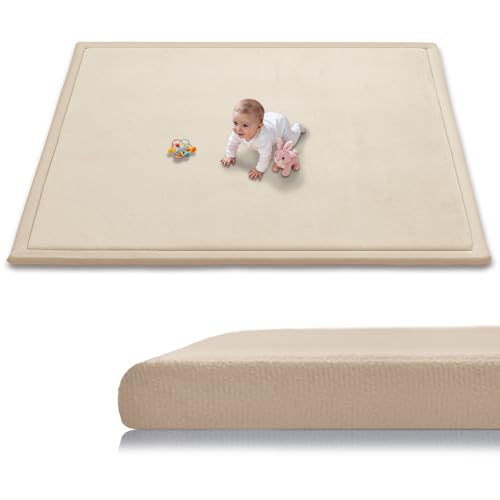 Baby Play Mat for Floor 71 x 59 Thicken Foam Soft Padded Playmat for Tummy Time Playpen Mat for Toddlers Infant Kids Water-Repellent Coral Velvet Non-Slip Bottom Safe for Crawling (Brown)