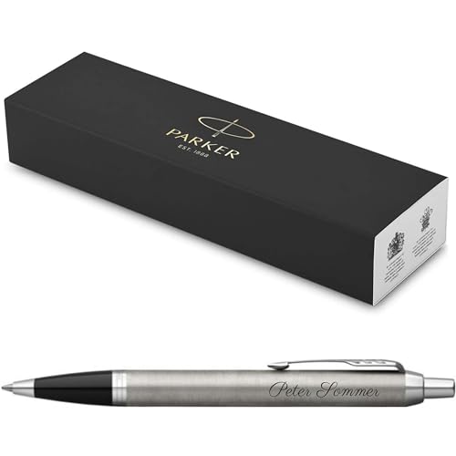 PARKER IM Core Kugelschreiber mit Gravur | Premium Stift | Geschenkbox | schwarze Mine | personalisiertes Geschenk | Namen | graviert | Jahrestag | Geburtstag (Brushed Metal C.C.)