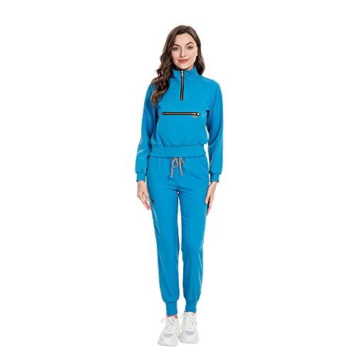 niaahinn Scrub Set with Long Sleeve for Women Scrub Top & Jogger Scrub Pants Medical Working Uniforms with Pockets (Blue, X-Large)