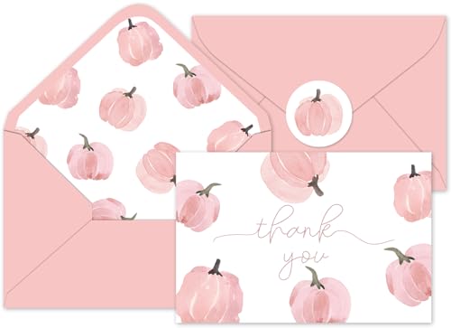Cartes de remerciement automne aquarelle citrouille rose enveloppes x24