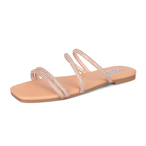 STUNAHOME Women's Rhinestone Thong Flat Sandals Open Toe Slide Sandals with Square Toe Bling Strap2