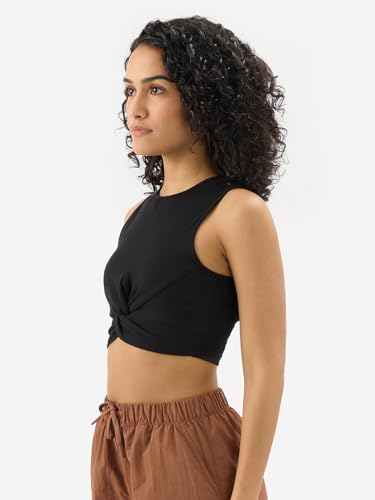 Image of The Souled Store Solids: Ink Black Women and Girls Sleeveless Round Neck Cotton Blend Slim Fit Cropped Tops