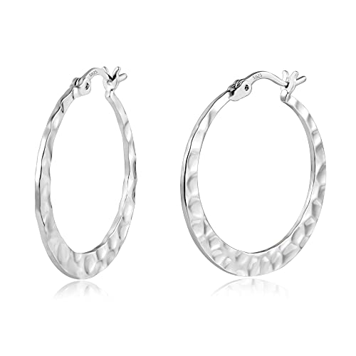 925 Sterling Silver Hammered Hoop Earrings Lightweight Large Hoops Hypoallergenic Jewelry Gift 30MM