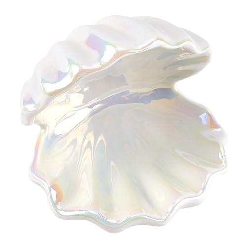 CREATCABIN Shell Jewelry Dish Tray Ceramic Trinket Tray White Clamshell Jewelry Organizer Dish Ring Holder Tray Key Bowl Decorative Plate Storage for Rings Necklaces Earring Watch 4.5x4.5x4.5Inch