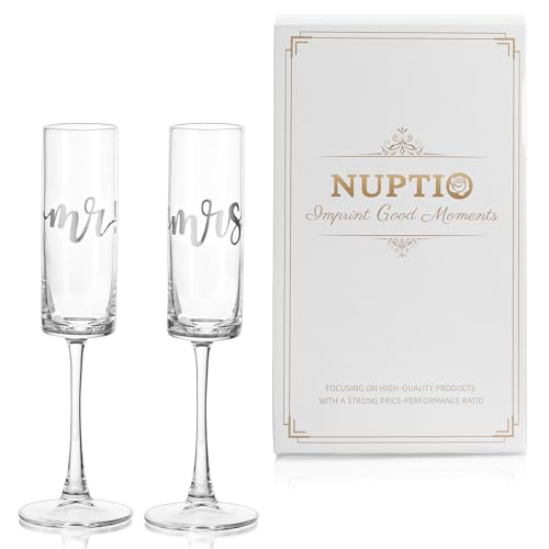 Nuptio Bicchieri Champagne Mr Mrs: Set di 2 Regalo Matrimonio Argento Anniversario Idee Nozze Natale Lei Gift Sposi Coppie Fidanzata Valentino Sposata Futuri Coppia Flute Personalizzato Romantici