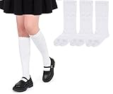 ENBAOHUI 3 Packs Kids Girl Knee High Socks Knit School Uniform Seamless Toe Dress Socks 6-9T White Flower M