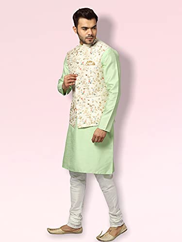 Image of Uri and MacKenzie Men's Silk Blend Regular Kurta Churidar Pyjama with Bundi Nehru Jacket /Waistcoat