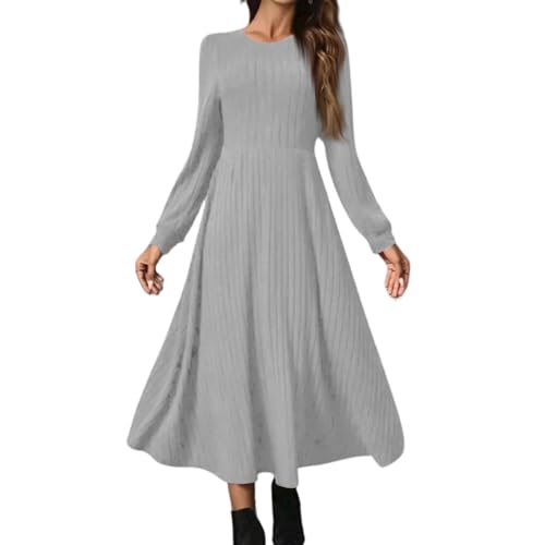 Strickkleid Damen Lang Herbstkleid Langarm Tunika Kleid Elegant A Linie Rundhals Herbst Kleider Lockeres Winterkleid Plissee Pulloverkleid Gray XXL