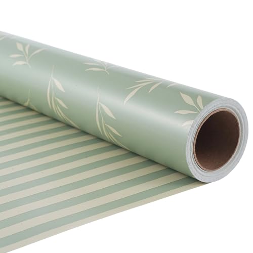 ZINTBIAL Reversible Gift Wrapping Paper Roll - Light Green Background with Beige Leaves - Green Stripe Design - for Birthdays Weddings Baby Showers Mothers Day Christmas - 17.5 x 33 (48 sq. ft.)