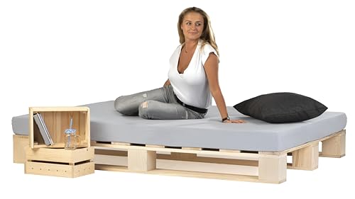 Lermowood Palettenbett M1 aus Holz 140 x 200 cm Natur mit Lattenrost Holzbett 20cm Stabiles Seniorenbett Kinderbett Jugendbett Gästebett erhöhtes...