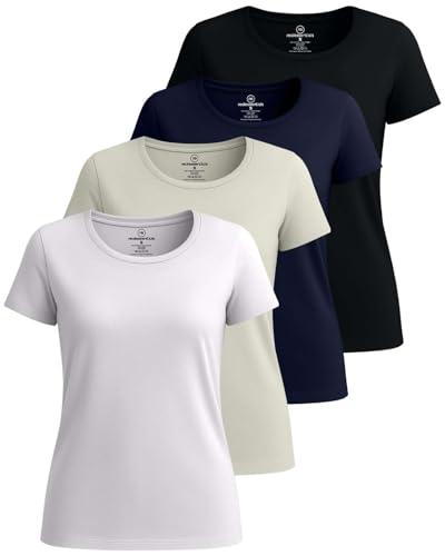 Real Essentials 4 Pack: Women's Cotton Short Sleeve T-Shirt - Casual Scoop Crew Neck Tops Tee (Available in Plus Size) - Set 7,L