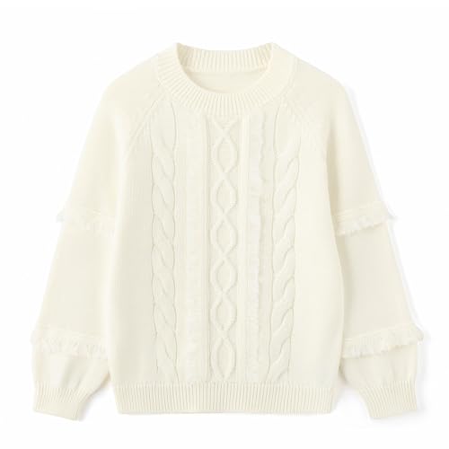 Image of Curipeer Girls Pullover Sweaters, Lace-up Long Sleeve Crewneck | Soft Warm Classic Cable Knit, Winter Fall Spring Daily Wear, Little Kids Tween Girl