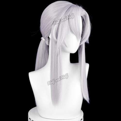 Image of Half and Half Long Silver White Anime Vam-pire Ponytail Wig with Side Part Bangs for Ferid Cospaly Light Gray White Male Wigs for Men Women Halloween Party