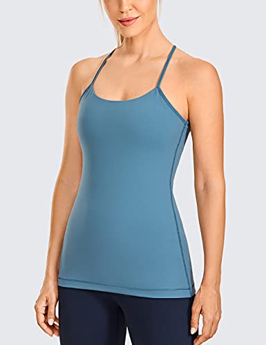 Crz Yoga Women's Y Back Spaghetti Strap Workout Tank Tops - With Built In Shelf Bra Sports Camisole Padded Long Length Slate Blue Medium #TOP1