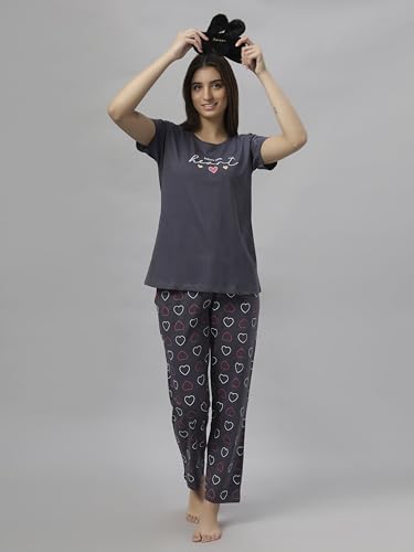 Image of DZZO Women's Cotton Printed Night Suit Set of T-Shirt & Pyjama, Night wear Dress, Relaxed wear for Women /Girls
