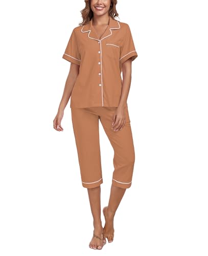 Image of COLORFULLEAF 100% Cotton Capri Pajama for Women Set Summer Short Sleeve Pj Sets for Women Cotton Sleepwear
