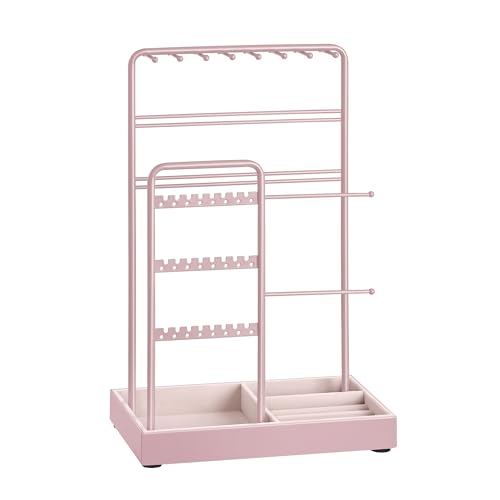 Image of SONGMICS Necklace Holder, Jewelry Stand Holder Organizer, Jewelry Display with Metal Frame, Velvet Tray, Earring Bracelet Holder, for Gift Idea, 4.5 x 7.7 x 12.1 inch, Jelly Pink UJJS021R01