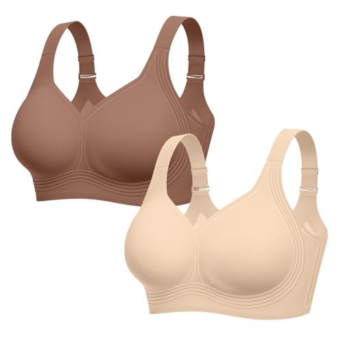 LetsJoli Bras for Women Supportive Wireless Push Up Bra Full Coverage No Underwire Seamless Plus Size for Older Women(Nude+Coffee,2PCS,XL)
