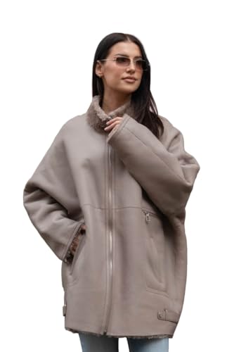 Hollert Damen Lammfelljacke Laure Beige Oversize Echtleder Winterjacke Merino Felljacke Größe XXL