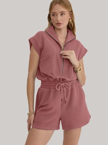 Image of Rompers for Women Summer Short Sleeve Half Zip Lapel Collar Jumpsuit Casual Drawstring One Piece Outfits with Pockets
