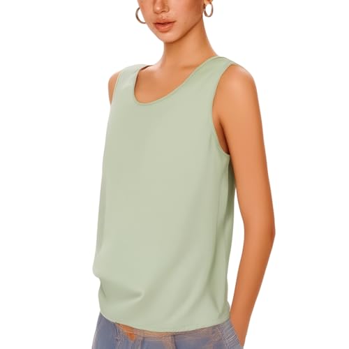 Women's Sleeveless Silk Camisole Tops - Summer Loose Tank Tops for Women, Round Neck Wide Strap Blouse, Soft Satin Slip Shirt, S-XXXL (US, Alpha, 3X-Large, Regular, Regular, Sage Green)