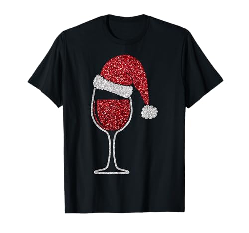 Glass Rotwein mit Weihnachtsmütze Lustiges Wein T-Shirt