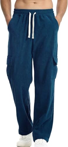 Banana Bucket Men's Corduroy Cargo Pants - Wide Leg Elastic Waist Drawstring Sweatpants for Casual & Outdoor Activities