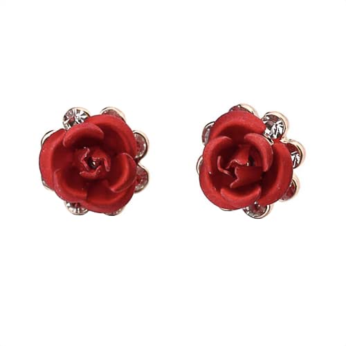 Rose Gold Plated Simple Red Rose Stud Earrings Fashion Jewelry For Women #TOP9