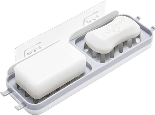 GZEINB Soap Dish for Shower Wall, Double Layer Design with Drainage and Soapy Water Collection, Holds Two Bars of Soap and Carries 4 Hooks, Grey, Rectangular, Polypropylene (PP) Material